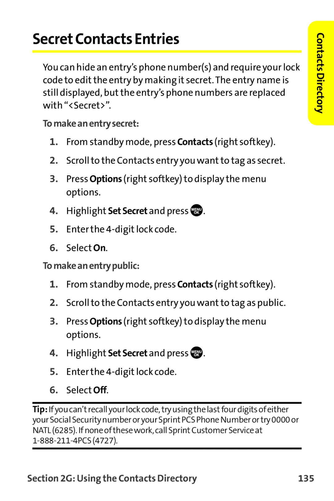 Sprint Nextel MM-7500 SecretContacts Entries, Tomakeanentrysecret, Tomakeanentrypublic, Using the Contacts Directory 135 