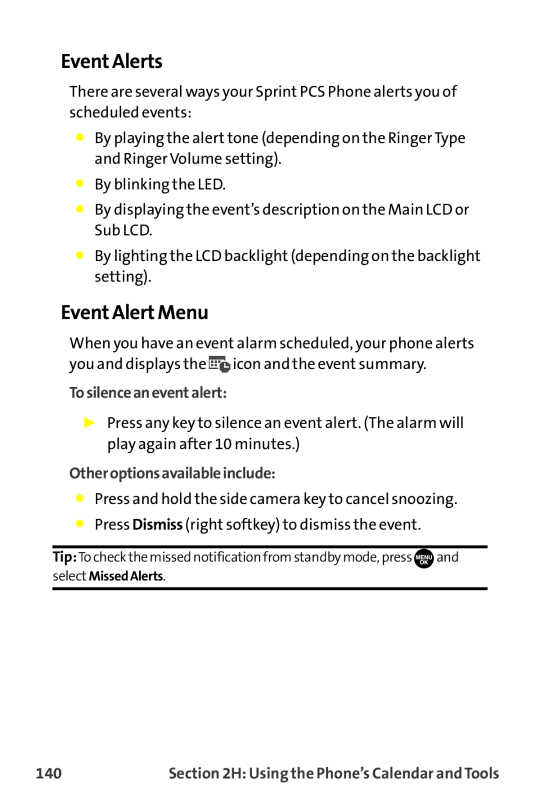 Sprint Nextel MM-7500 manual Event Alerts, Event Alert Menu, Tosilenceaneventalert, Otheroptionsavailableinclude, 140 