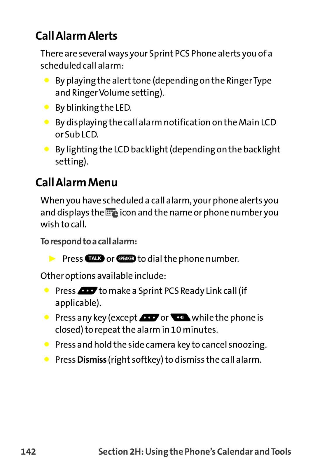 Sprint Nextel MM-7500 manual Call Alarm Alerts, Call Alarm Menu, Torespondtoacallalarm, 142 