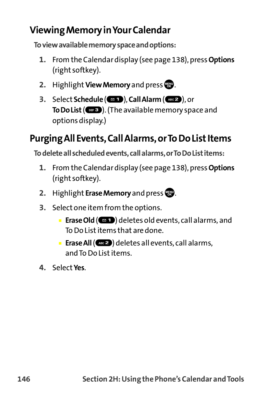 Sprint Nextel MM-7500 manual Viewing Memory inYour Calendar, Purging All Events, Call Alarms, orTo Do ListItems, 146 