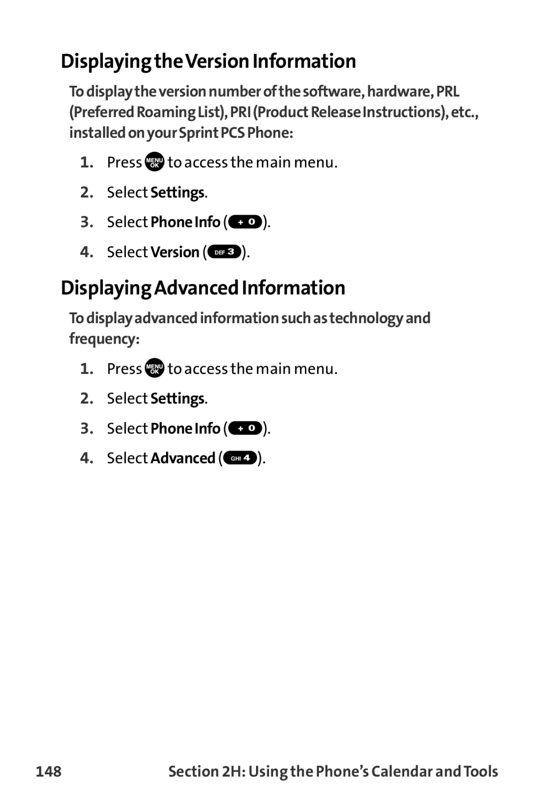 Sprint Nextel MM-7500 manual Displaying theVersion Information, Displaying Advanced Information, 148 