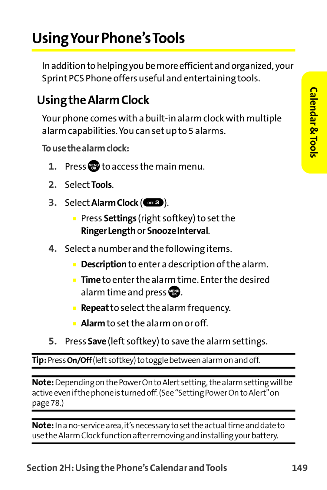 Sprint Nextel MM-7500 manual UsingYour Phone’sTools, Using the Alarm Clock, Tousethealarmclock 