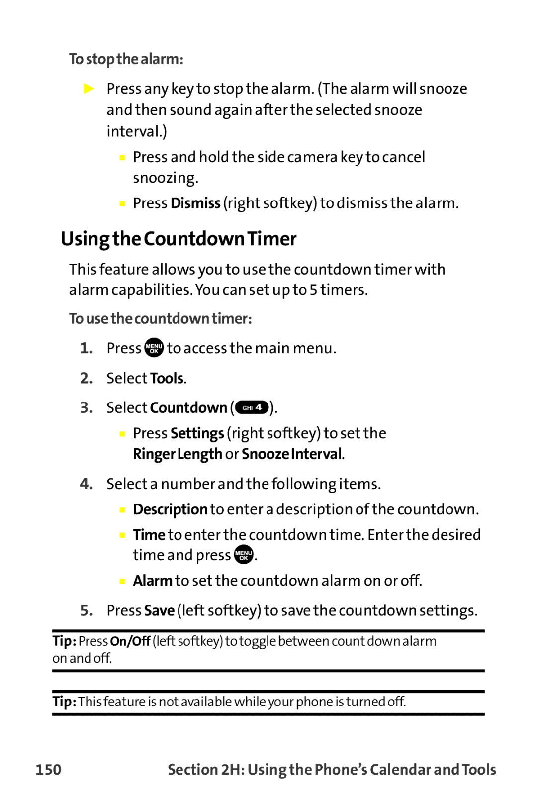 Sprint Nextel MM-7500 manual Using the CountdownTimer, Tostopthealarm, Tousethecountdowntimer, 150 