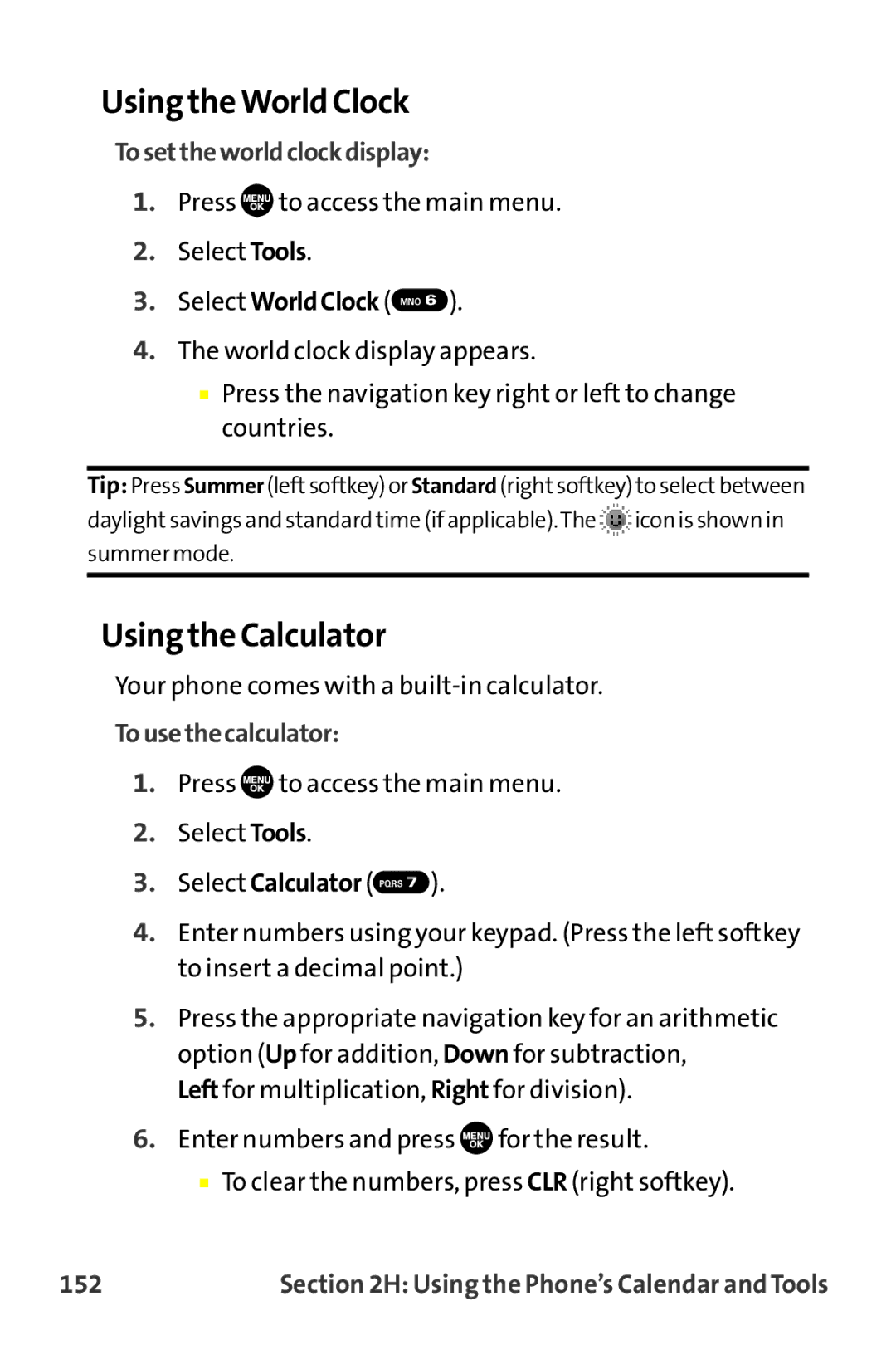 Sprint Nextel MM-7500 Using the World Clock, Using the Calculator, Tosettheworldclockdisplay, Tousethecalculator, 152 