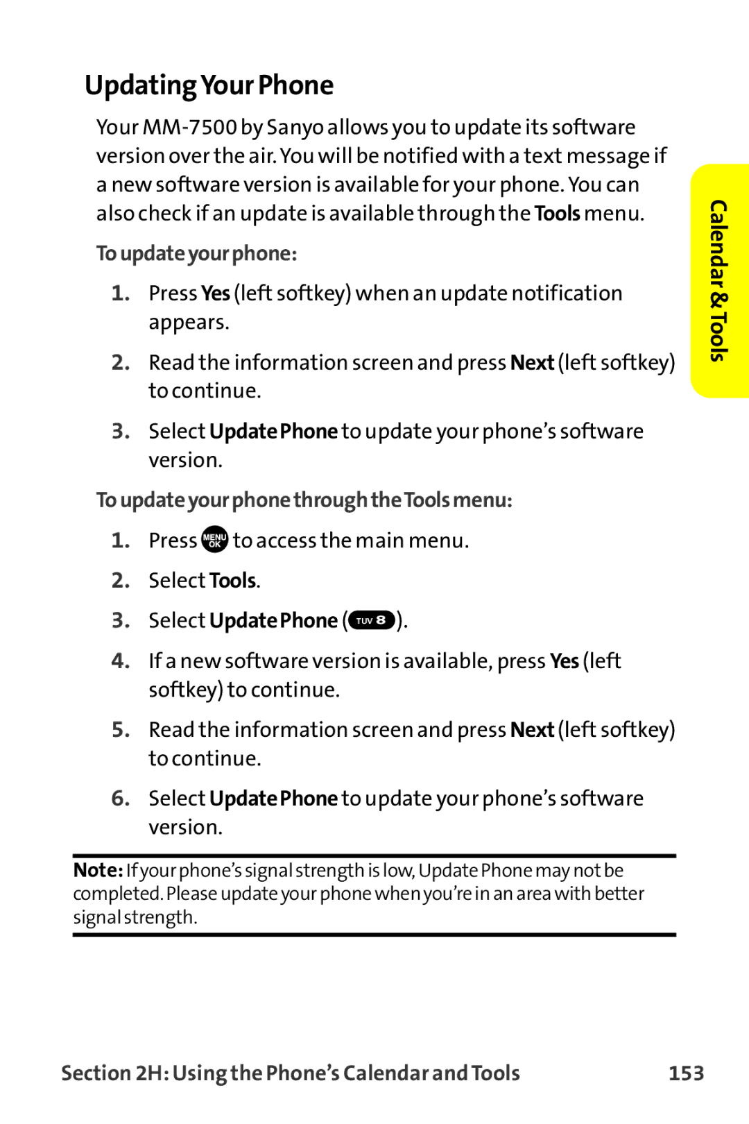 Sprint Nextel MM-7500 manual UpdatingYour Phone, ToupdateyourphonethroughtheToolsmenu 