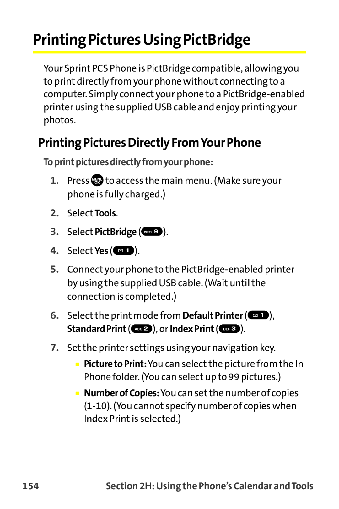 Sprint Nextel MM-7500 manual Printing Pictures Using PictBridge, Printing Pictures Directly FromYour Phone, 154 