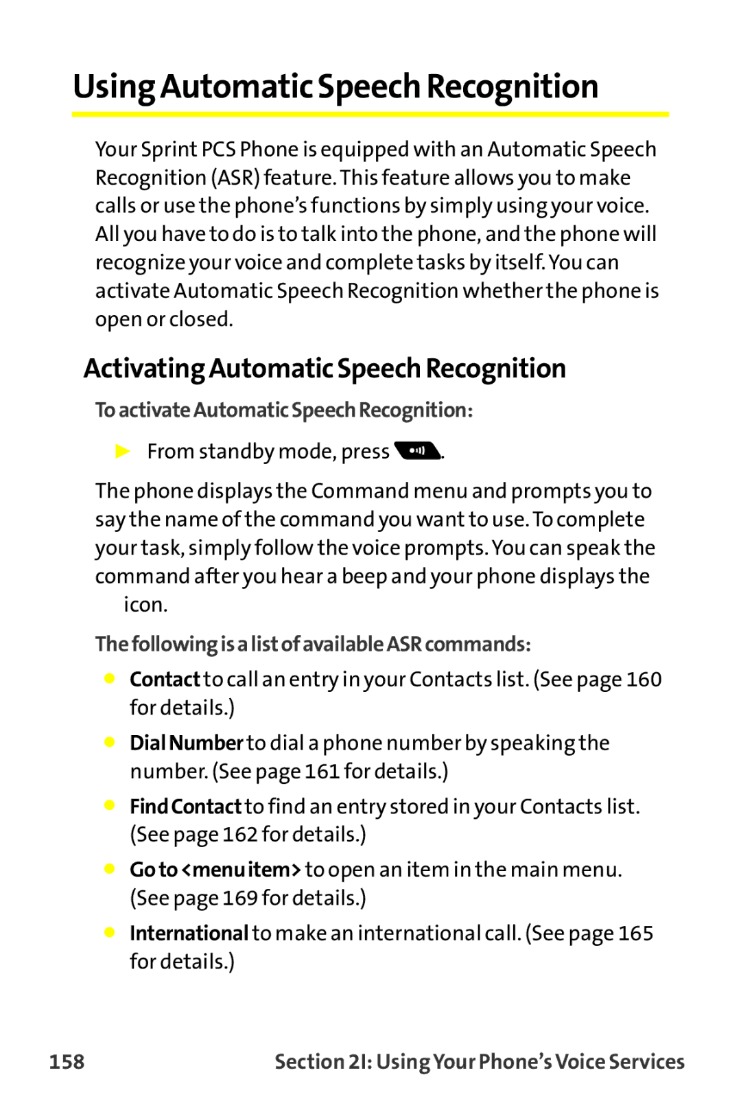 Sprint Nextel MM-7500 manual Using Automatic Speech Recognition, ActivatingAutomatic Speech Recognition, 158 