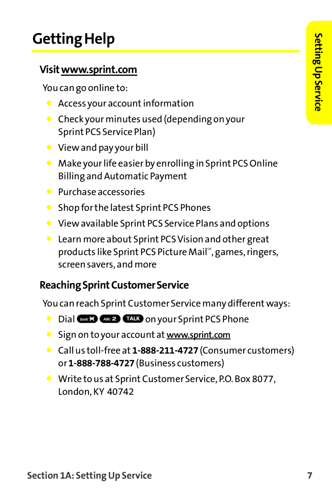 Sprint Nextel MM-7500 manual Getting Help, ReachingSprintCustomerService 