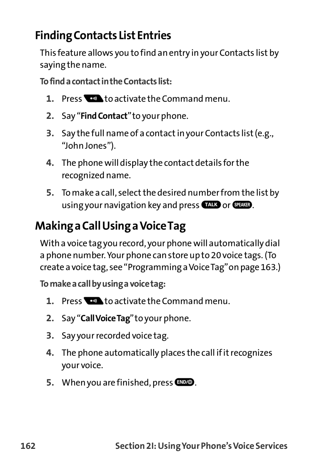 Sprint Nextel MM-7500 Finding Contacts ListEntries, Making a CallUsing a VoiceTag, TofindacontactintheContactslist, 162 