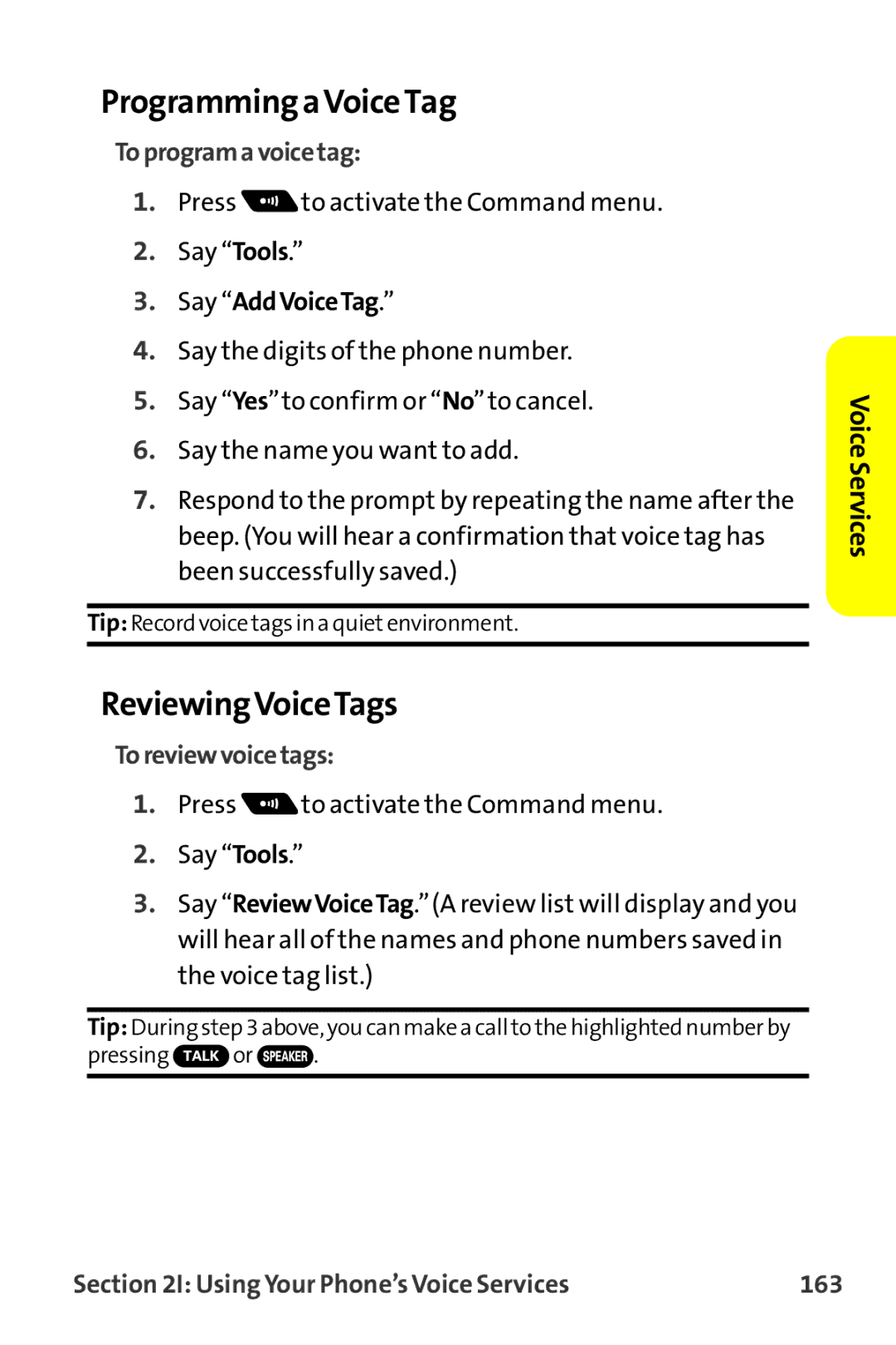 Sprint Nextel MM-7500 manual ProgrammingaVoiceTag, ReviewingVoiceTags, Toprogramavoicetag, Toreviewvoicetags 