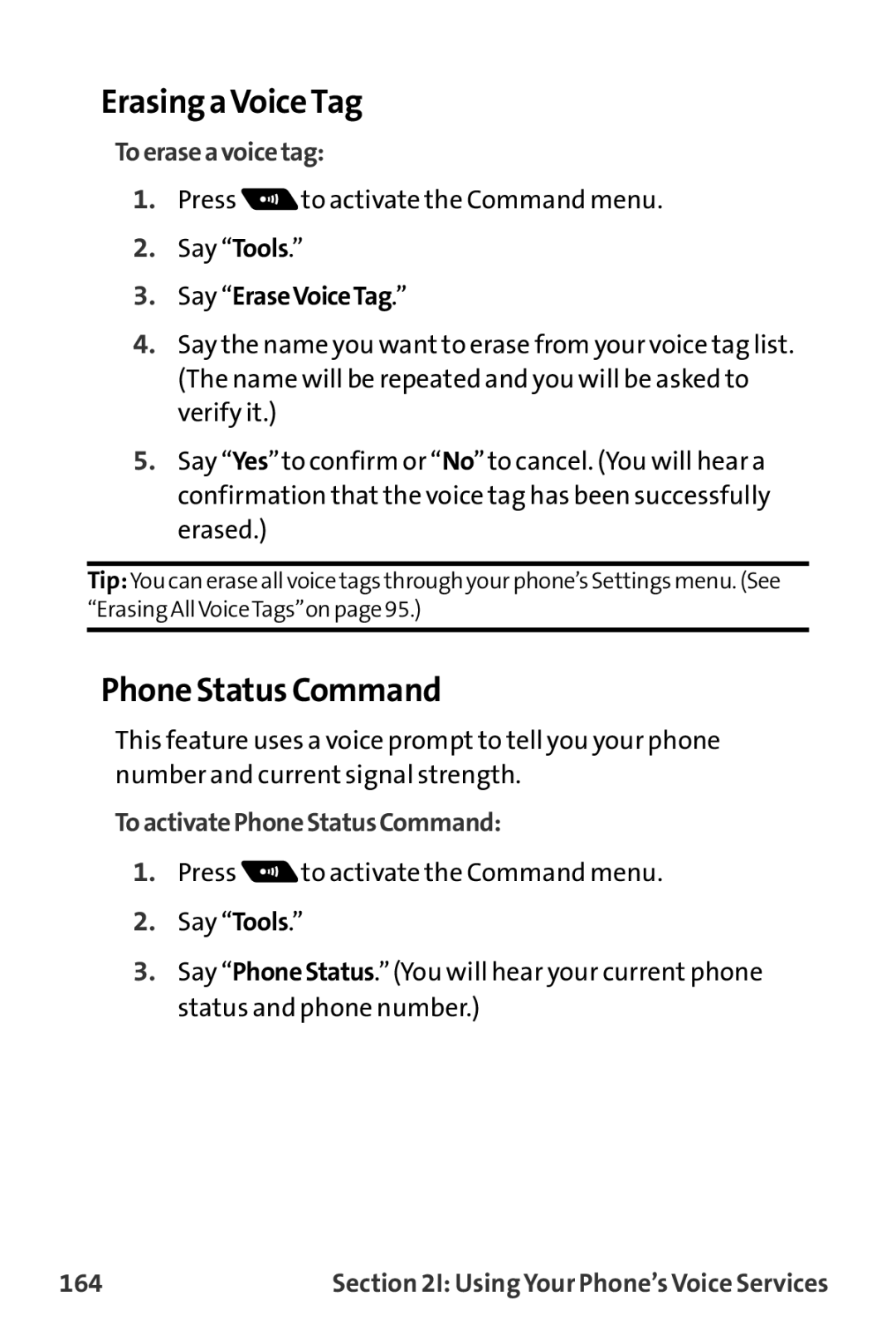 Sprint Nextel MM-7500 manual ErasingaVoiceTag, Phone Status Command, Toeraseavoicetag, ToactivatePhoneStatusCommand, 164 