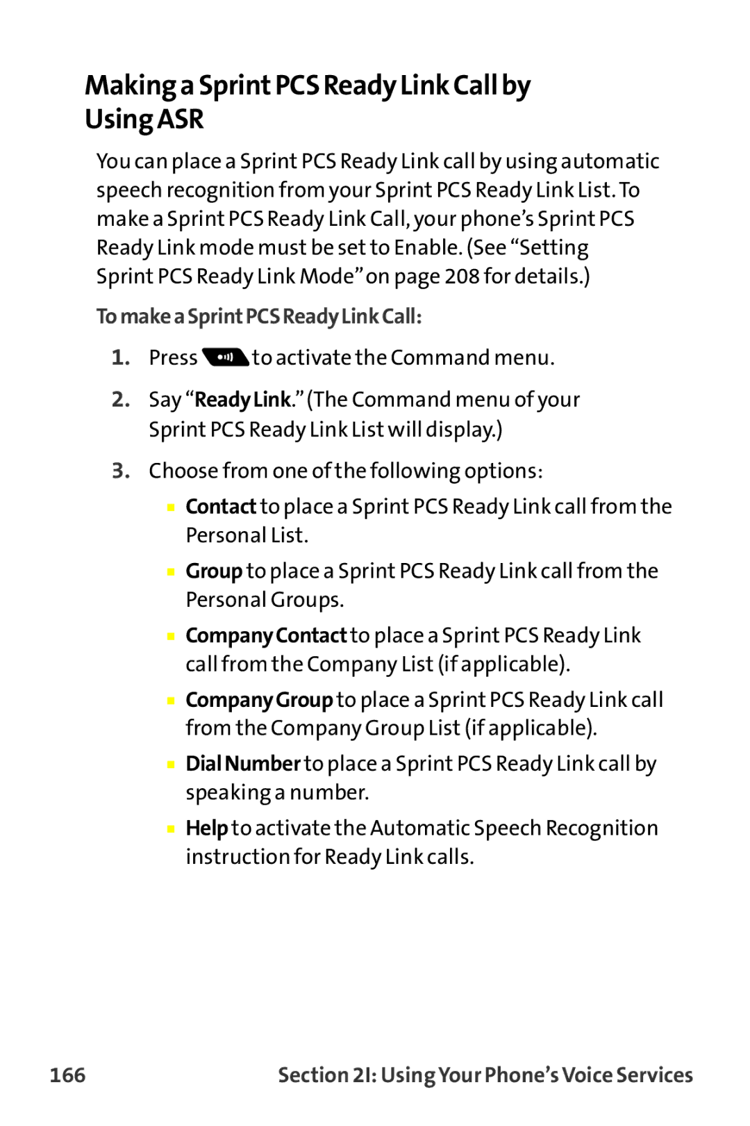 Sprint Nextel MM-7500 manual Making a SprintPCS Ready Link Callby Using ASR, TomakeaSprintPCSReadyLinkCall, 166 