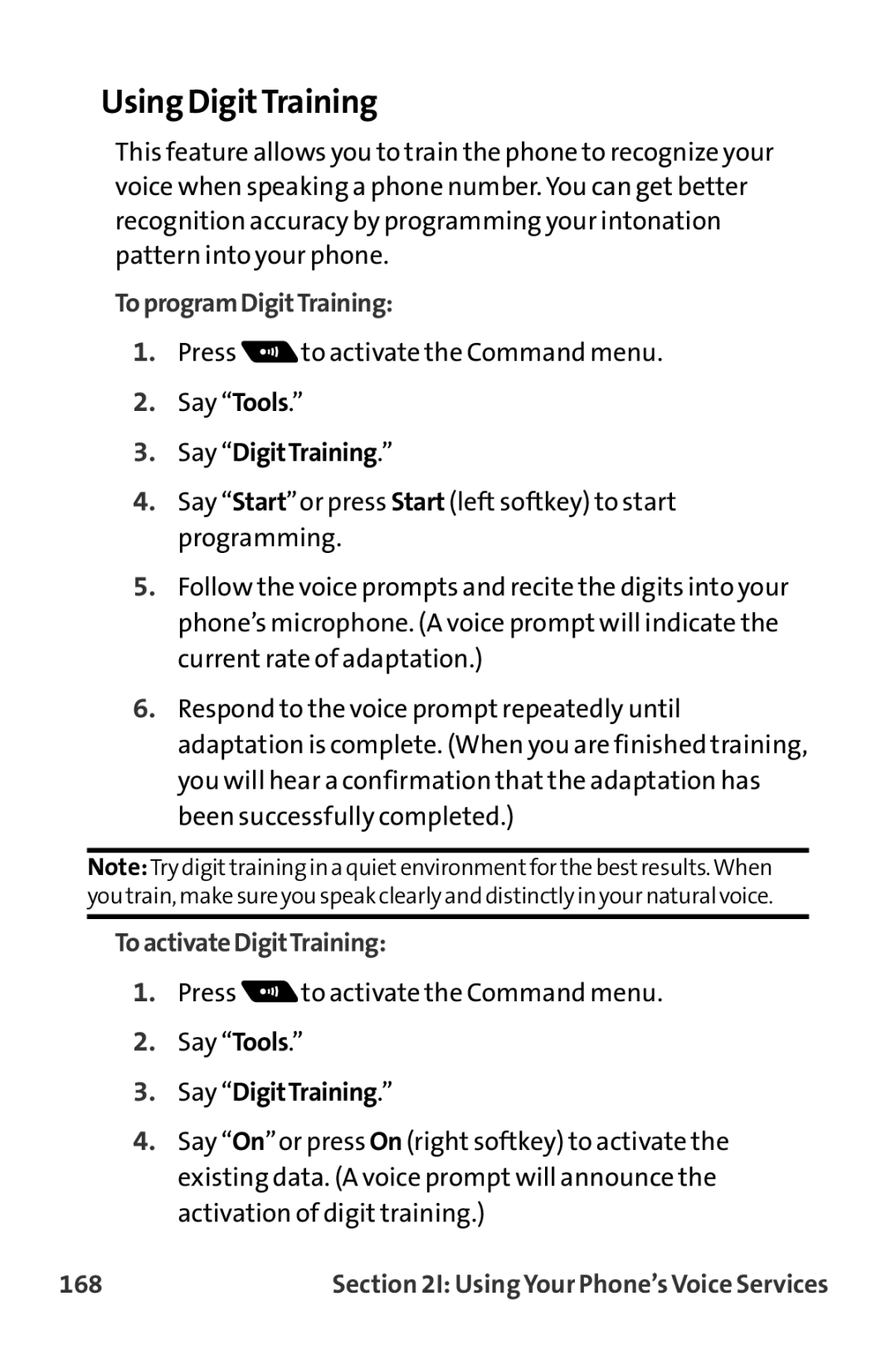 Sprint Nextel MM-7500 manual Using DigitTraining, ToprogramDigitTraining, Say DigitTraining, ToactivateDigitTraining, 168 