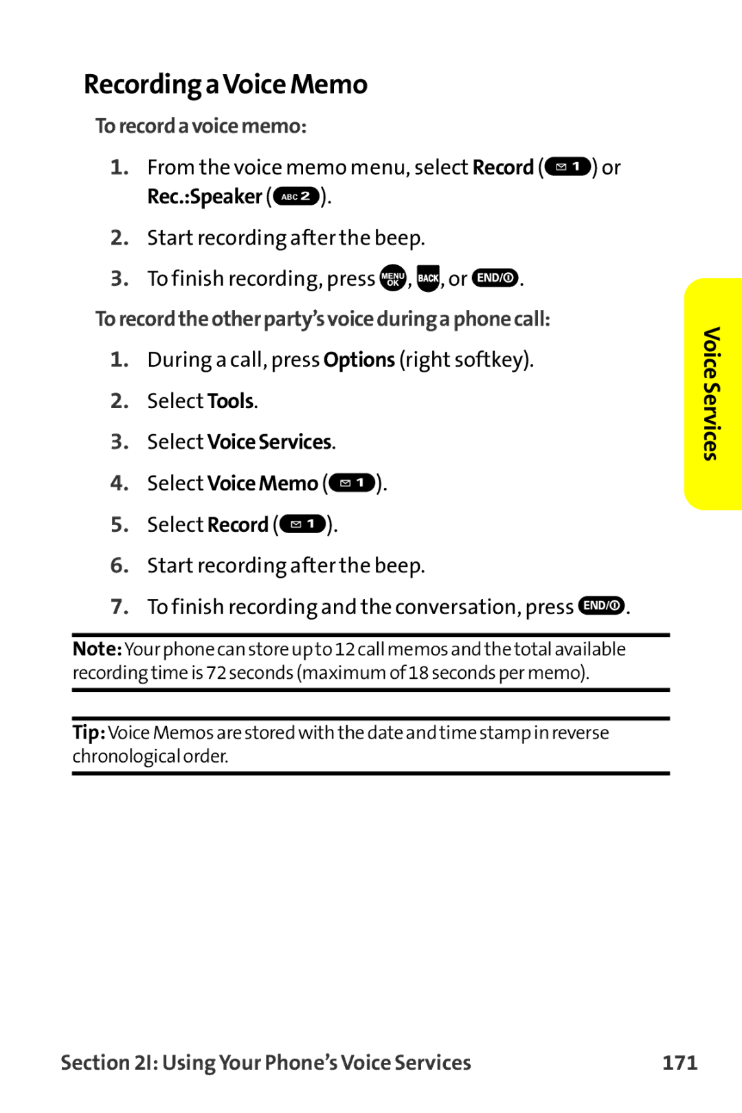 Sprint Nextel MM-7500 manual Recording aVoice Memo, Torecordavoicememo, Torecordtheotherparty’svoiceduringaphonecall 