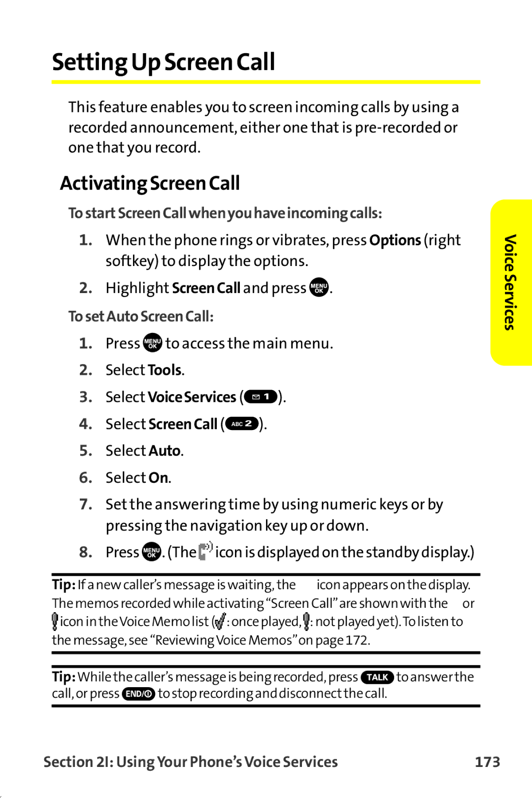 Sprint Nextel MM-7500 manual Setting Up Screen Call, Activating Screen Call, TostartScreenCallwhenyouhaveincomingcalls 