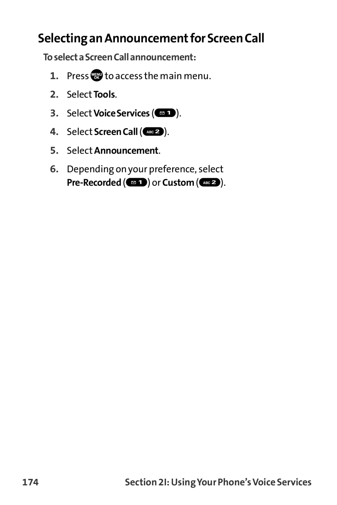 Sprint Nextel MM-7500 Selecting an Announcementfor Screen Call, ToselectaScreenCallannouncement, Select Announcement, 174 