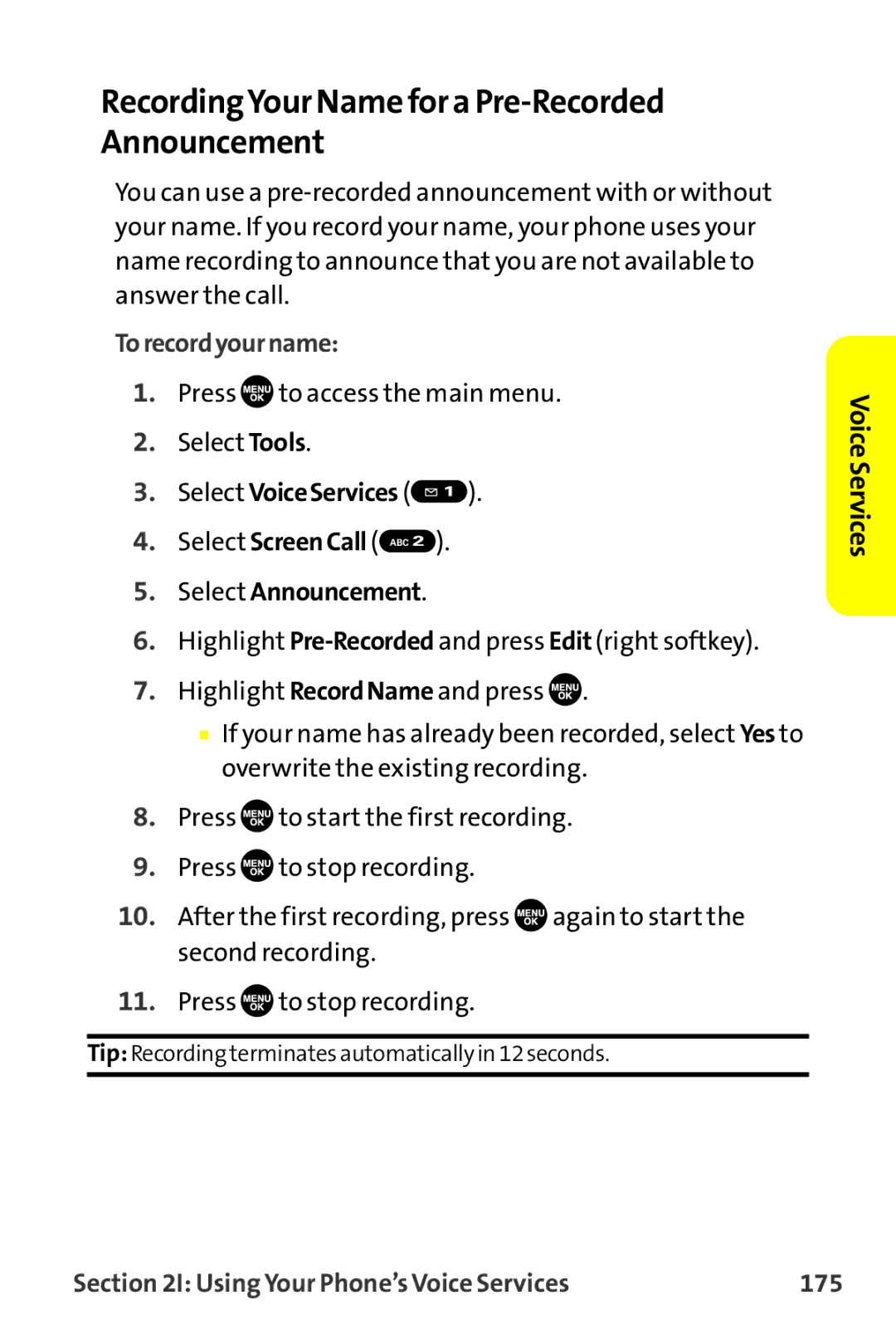 Sprint Nextel MM-7500 manual RecordingYour Name for a Pre-Recorded Announcement, Torecordyourname 