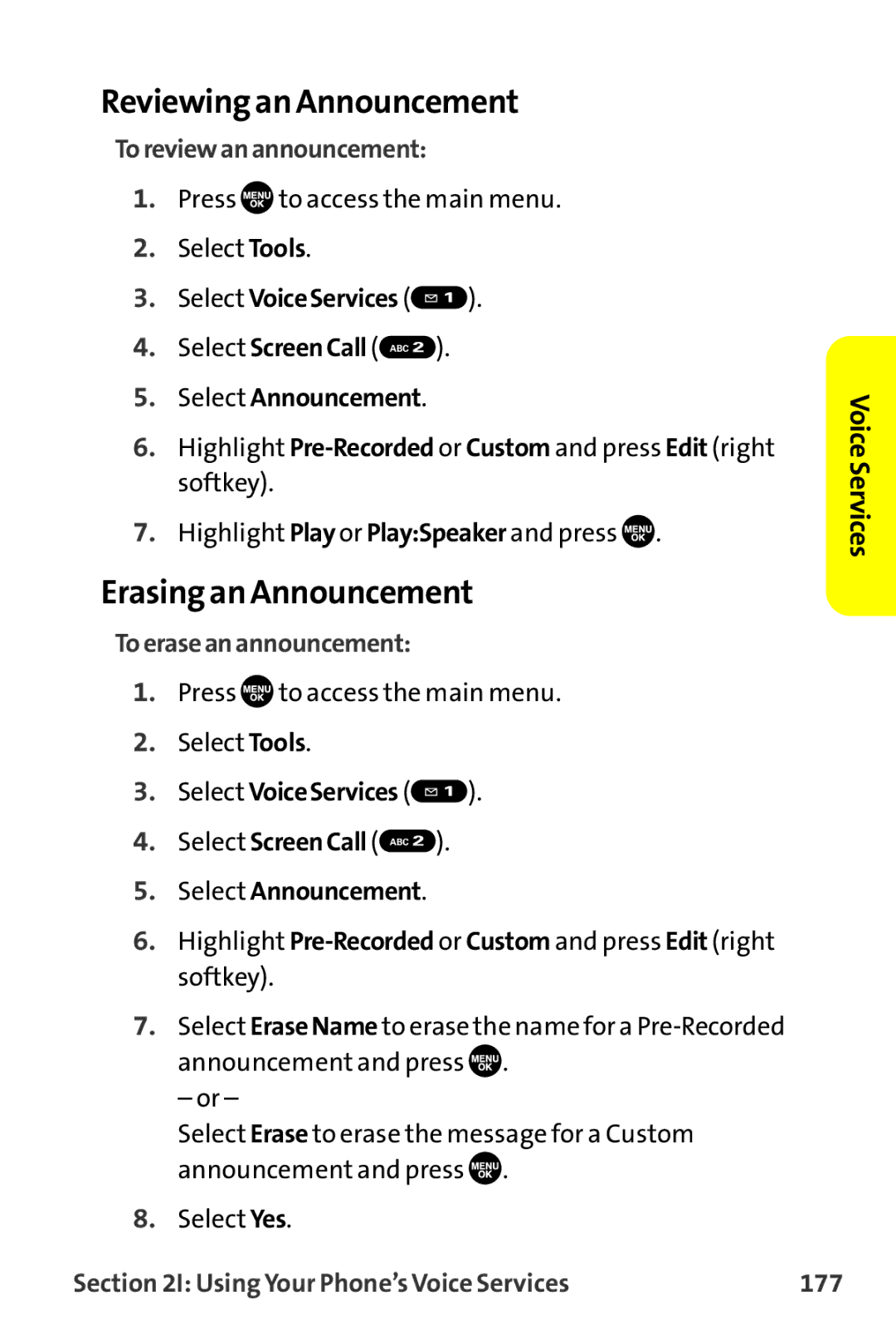 Sprint Nextel MM-7500 Reviewing an Announcement, Erasing an Announcement, Toreviewanannouncement, Toeraseanannouncement 