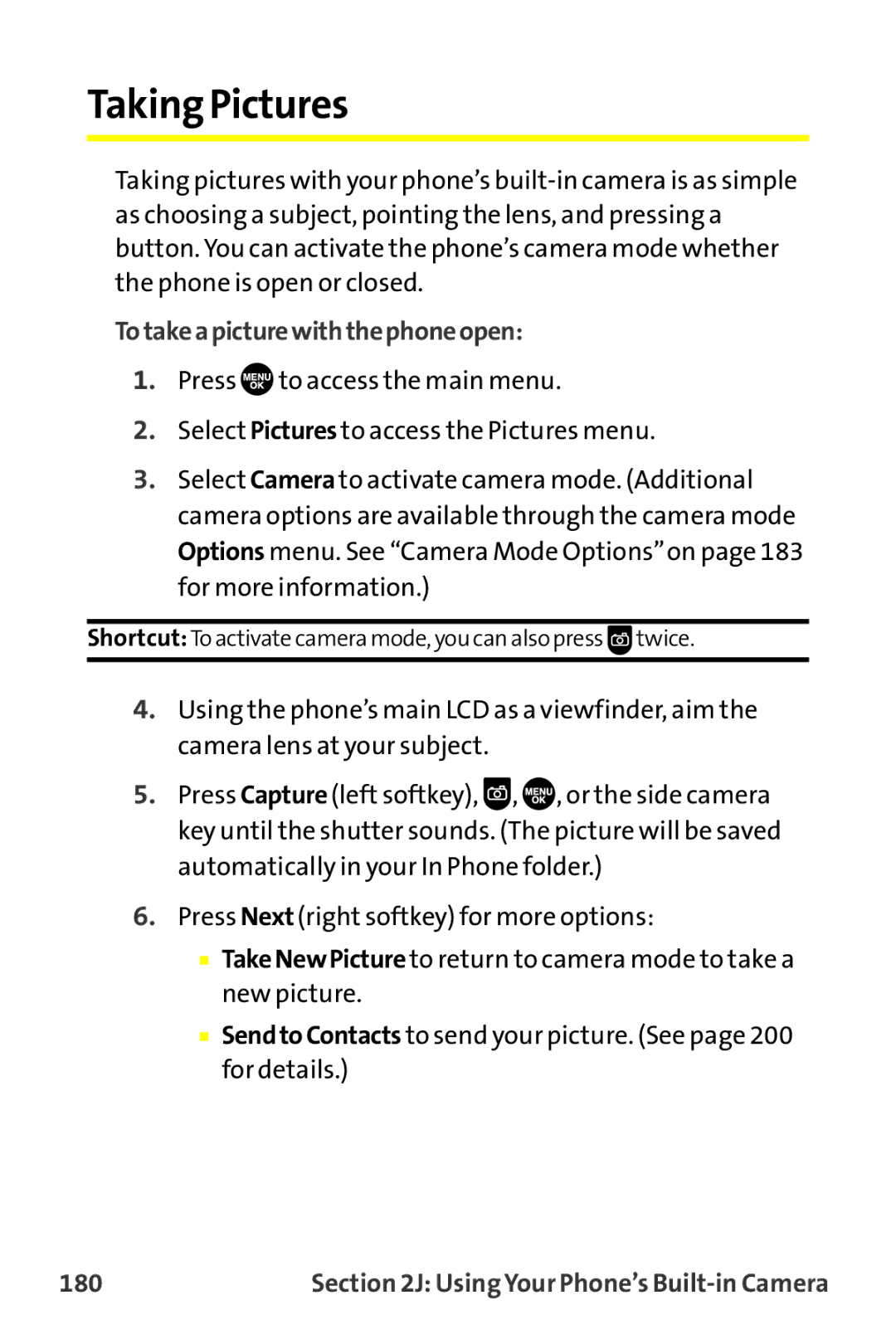 Sprint Nextel MM-7500 manual Taking Pictures, Totakeapicturewiththephoneopen, 180 
