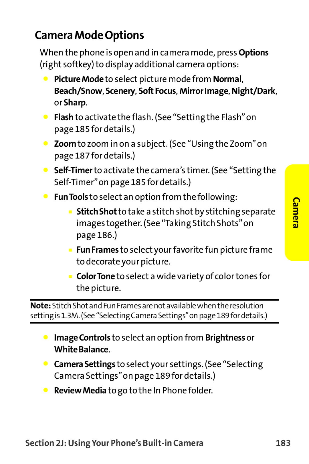 Sprint Nextel MM-7500 manual Camera Mode Options, Using Your Phone’s Built-in Camera 183 