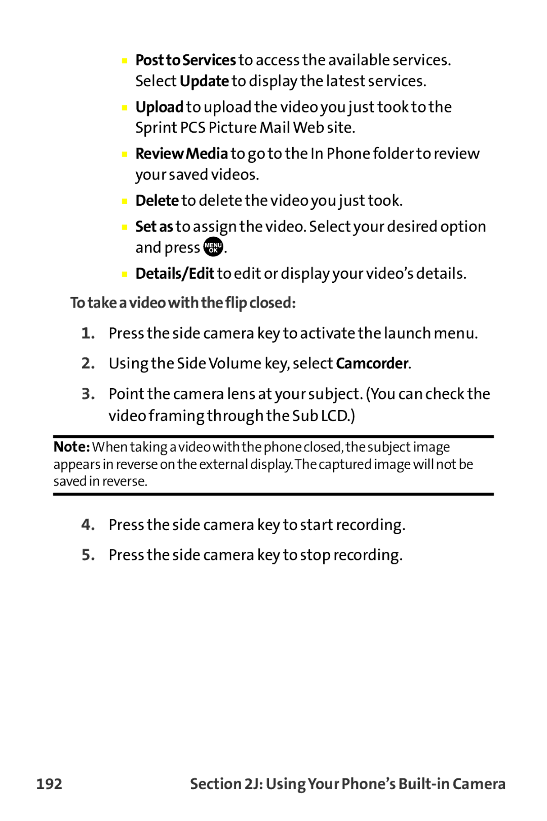 Sprint Nextel MM-7500 manual Totakeavideowiththeflip closed, 192 