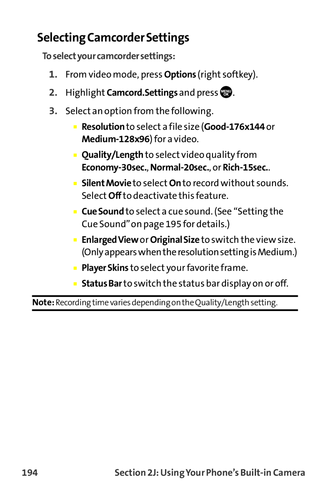 Sprint Nextel MM-7500 manual Selecting Camcorder Settings, Toselectyourcamcordersettings, 194 