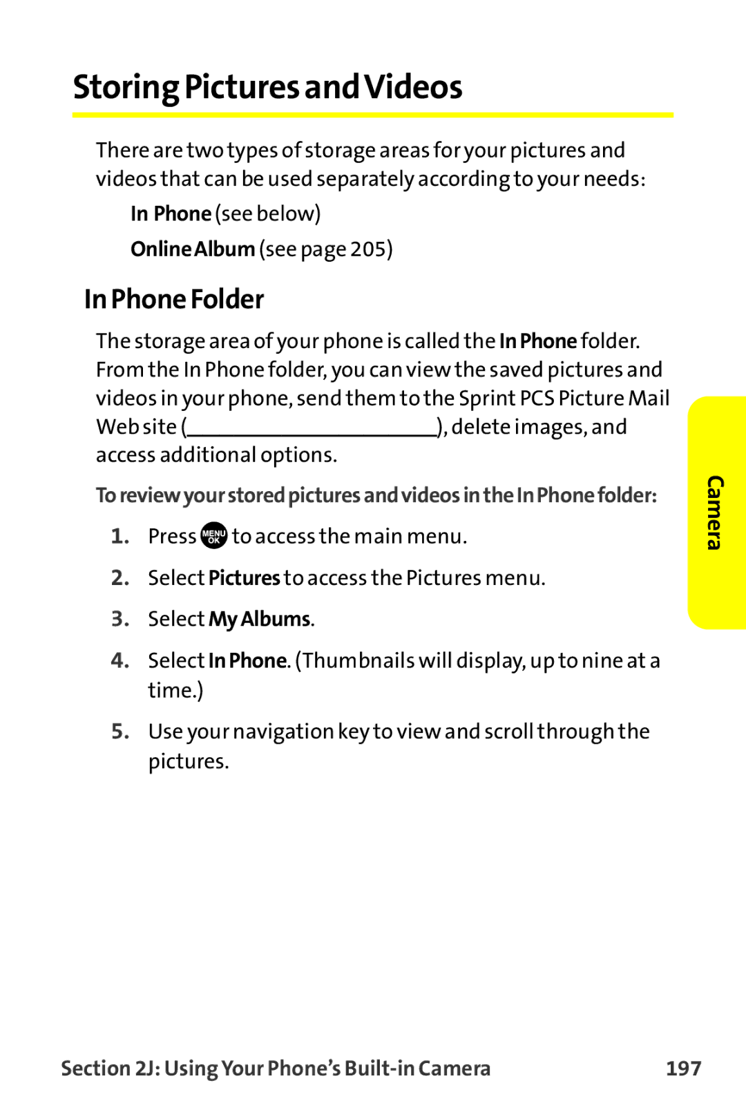 Sprint Nextel MM-7500 StoringPicturesandVideos, Phone Folder, Select My Albums, Using Your Phone’s Built-in Camera 197 