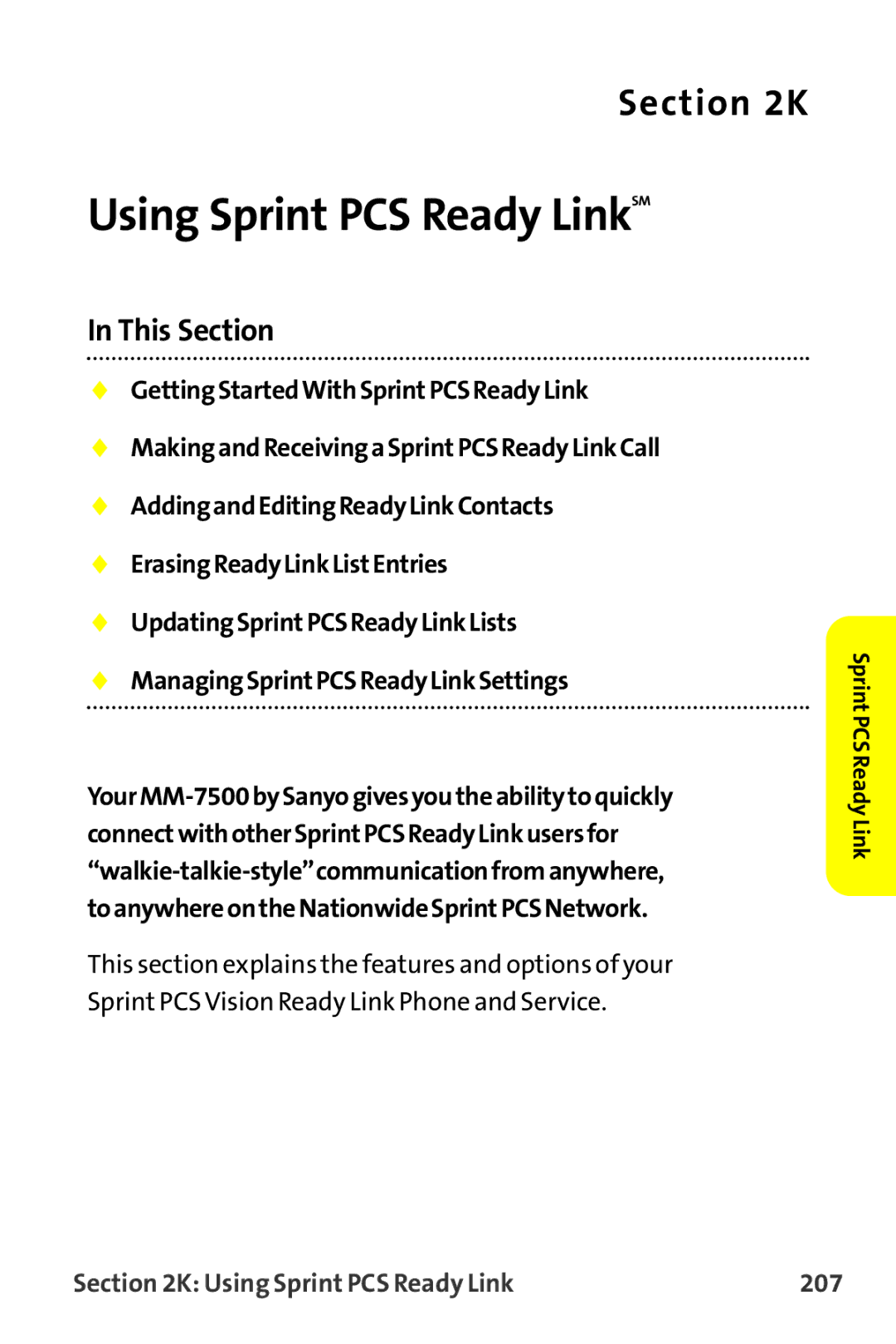 Sprint Nextel MM-7500 manual Using Sprint PCS Ready LinkSM, Using Sprint PCS Ready Link 207 