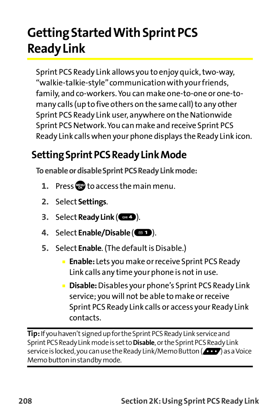 Sprint Nextel MM-7500 Getting StartedWith SprintPCS Ready Link, Setting SprintPCS Ready Link Mode, Select Enable/Disable 