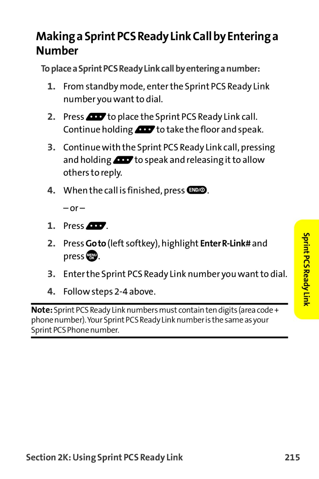 Sprint Nextel MM-7500 manual Making a SprintPCS Ready Link Call by Entering a Number, Using Sprint PCS Ready Link 215 