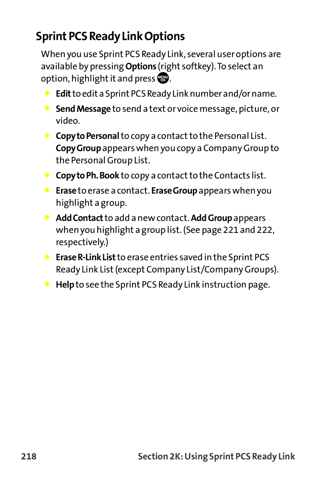 Sprint Nextel MM-7500 manual SprintPCS Ready Link Options, 218 