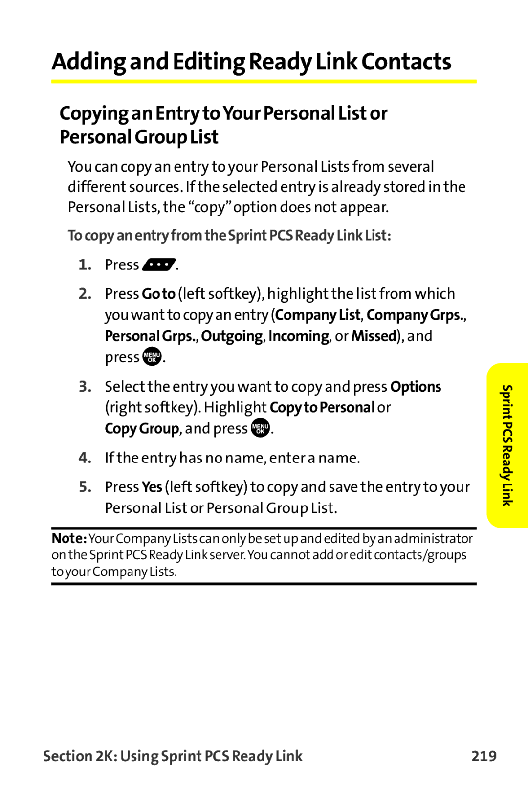 Sprint Nextel MM-7500 manual Copying an Entry toYour Personal Listor Personal Group List, Using Sprint PCS Ready Link 219 
