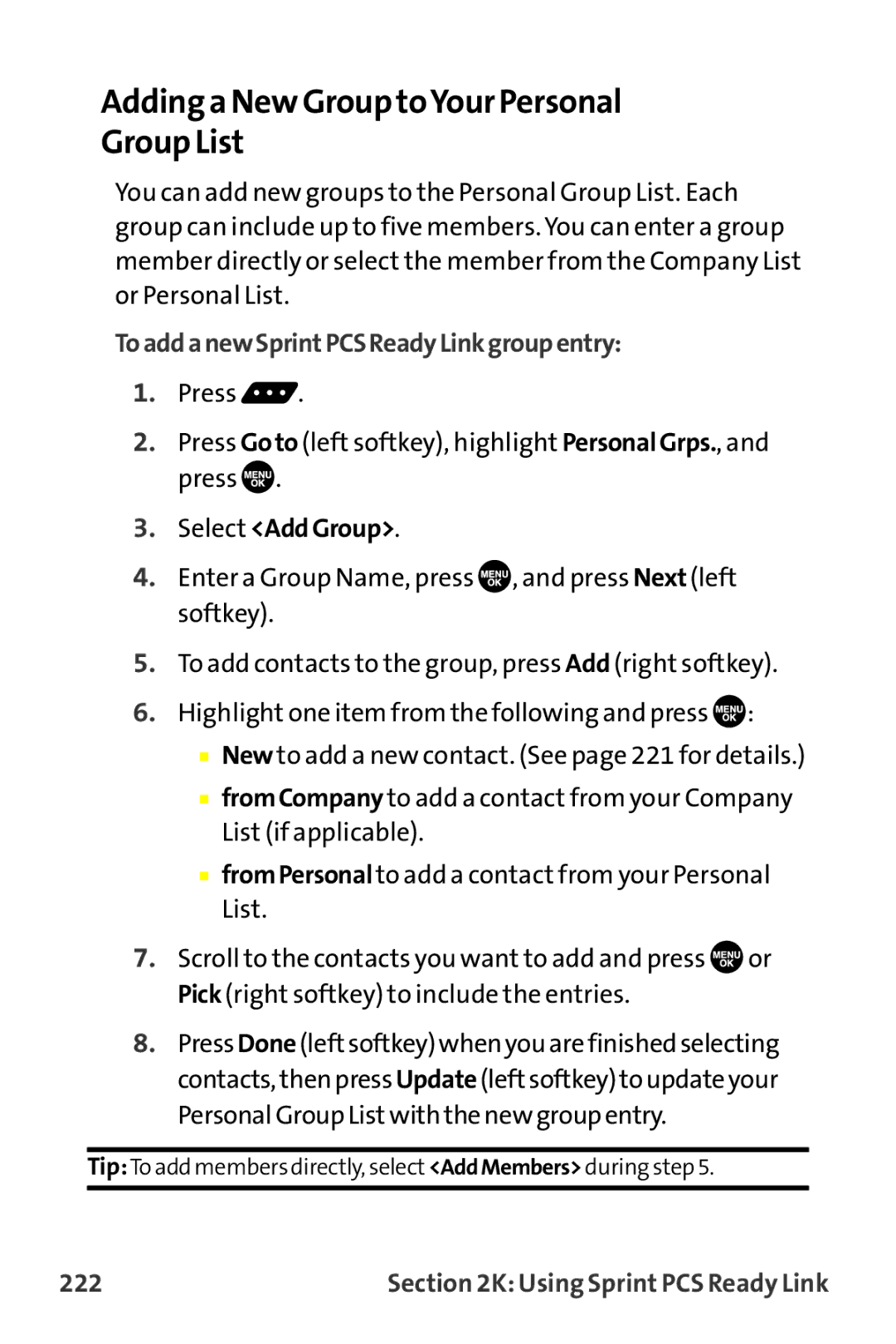 Sprint Nextel MM-7500 Adding a New GrouptoYour Personal Group List, ToaddanewSprintPCSReadyLinkgroupentry, Select AddGroup 