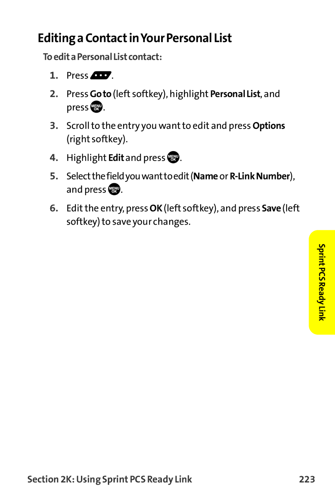 Sprint Nextel MM-7500 Editing a ContactinYour Personal List, ToeditaPersonalListcontact, Using Sprint PCS Ready Link 223 