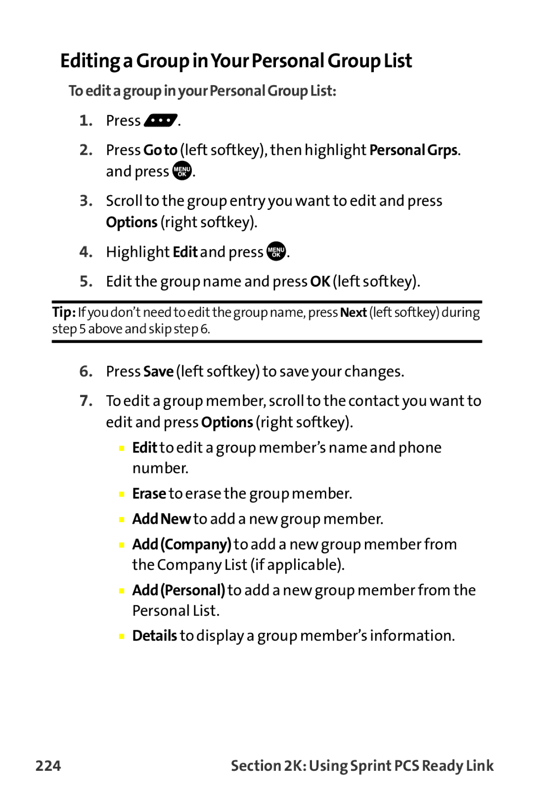 Sprint Nextel MM-7500 manual Editing a Group inYour Personal Group List, ToeditagroupinyourPersonalGroupList, 224 