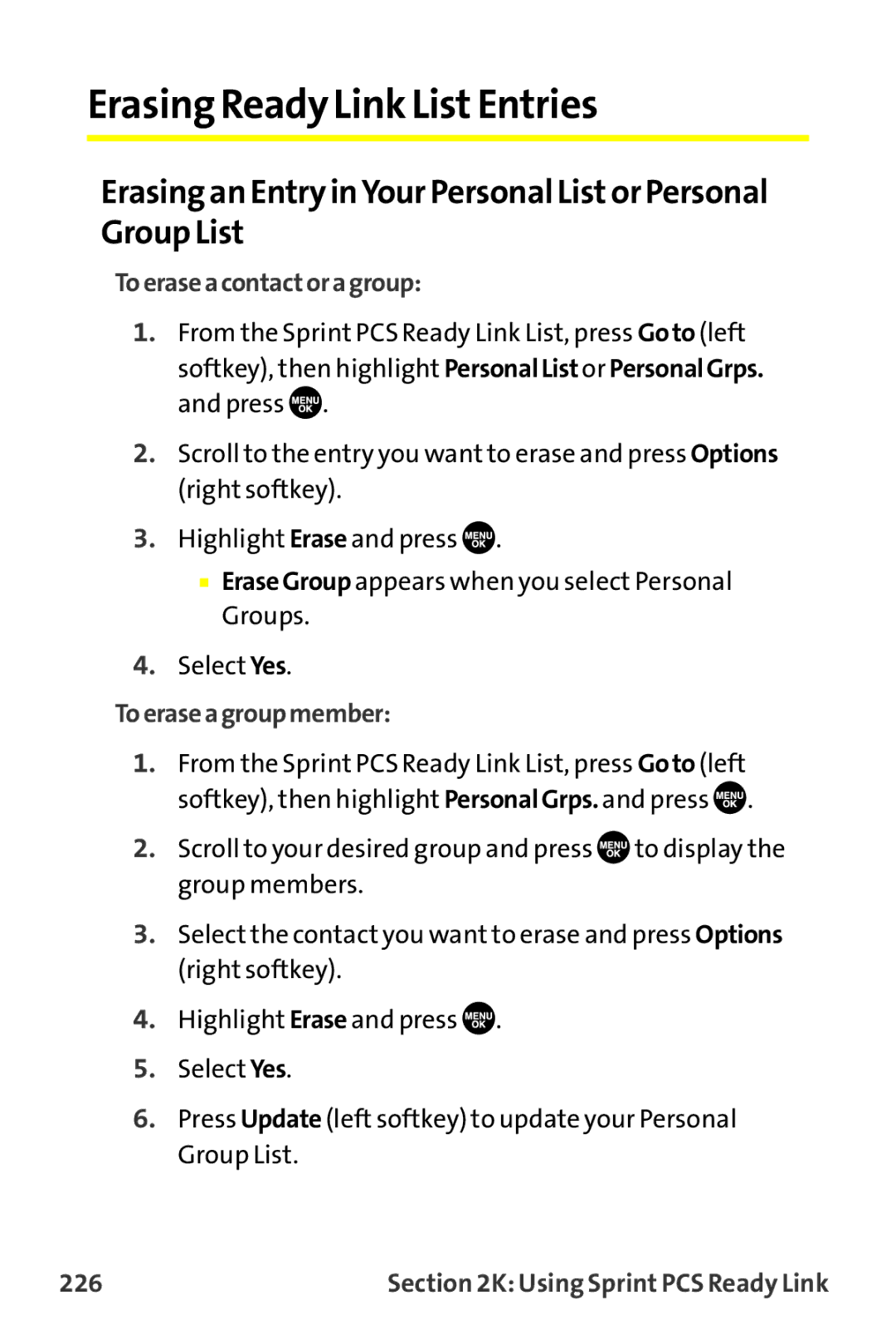 Sprint Nextel MM-7500 ErasingReady Link ListEntries, Erasing an Entry inYour Personal Listor Personal Group List, 226 