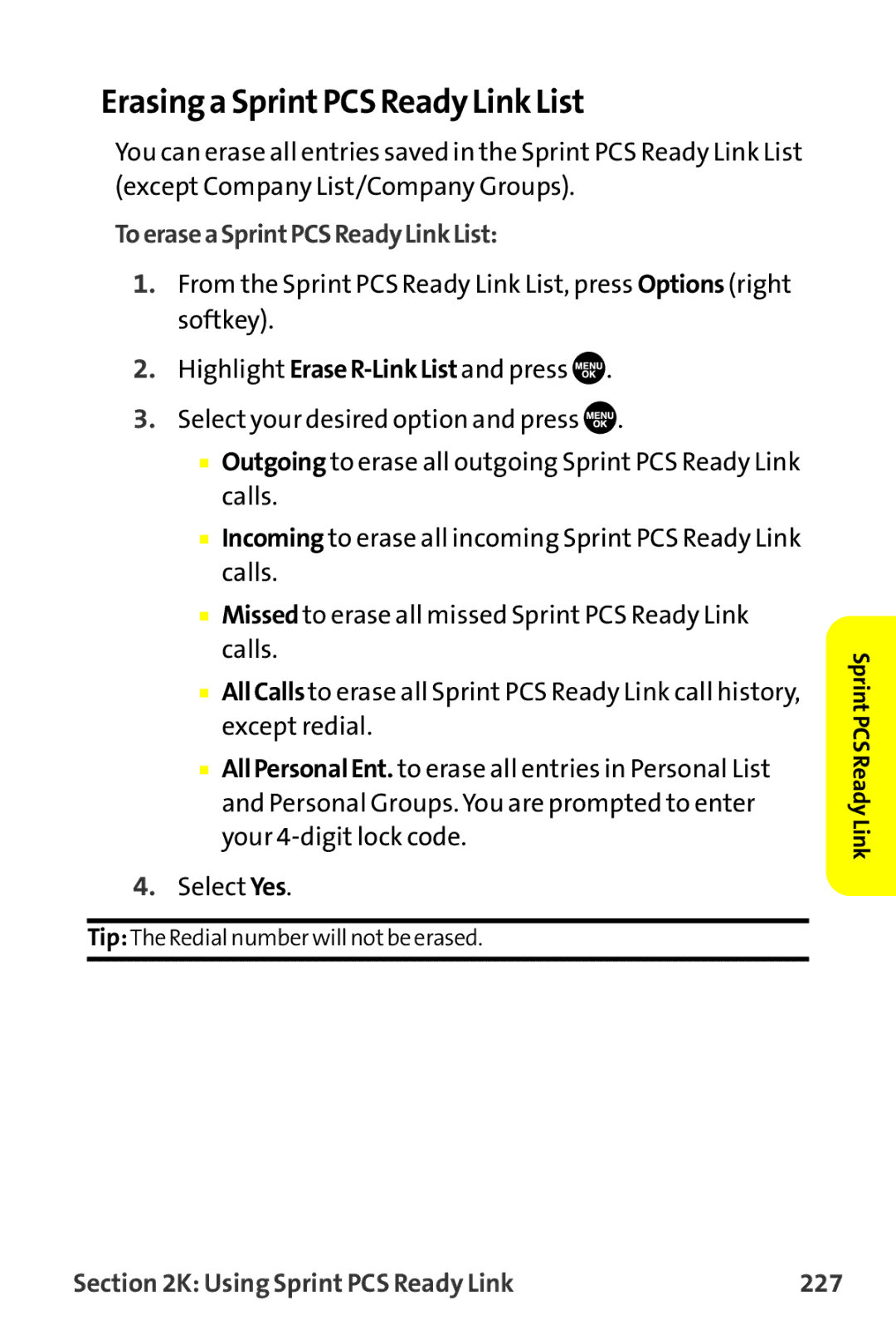 Sprint Nextel MM-7500 Erasinga SprintPCS Ready Link List, ToeraseaSprintPCSReadyLinkList, Using Sprint PCS Ready Link 227 