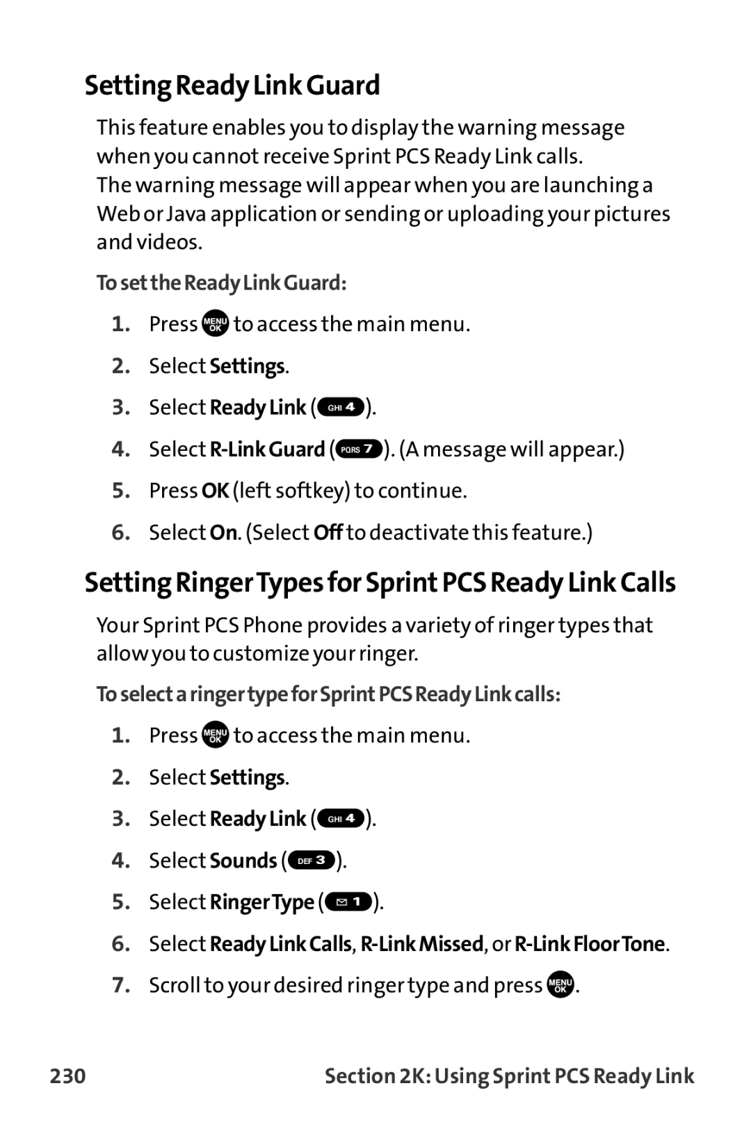 Sprint Nextel MM-7500 Setting Ready Link Guard, Setting RingerTypesfor SprintPCS Ready Link Calls, TosettheReadyLinkGuard 