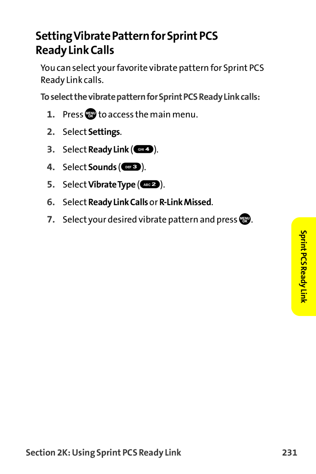 Sprint Nextel MM-7500 manual SettingVibrate Pattern for SprintPCS Ready Link Calls, Select ReadyLinkCalls or R-LinkMissed 