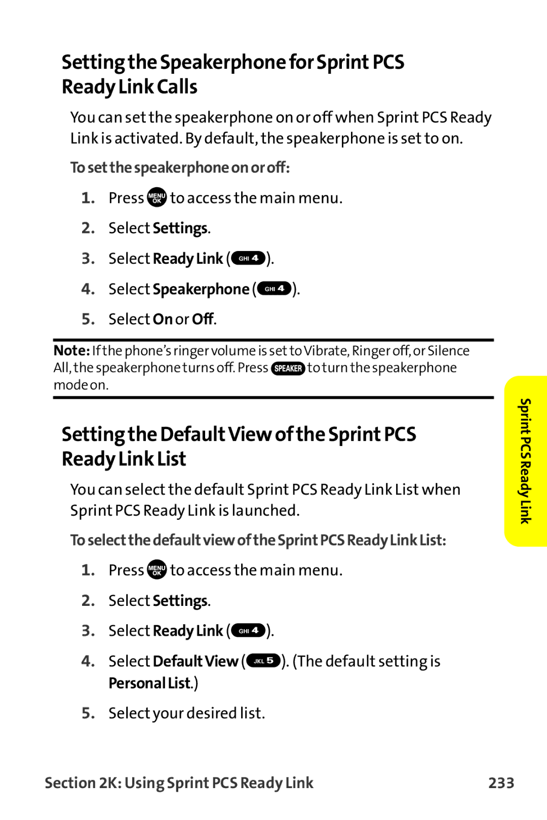 Sprint Nextel MM-7500 manual Setting the Speakerphone for SprintPCS Ready Link Calls, Select Speakerphone GHI 