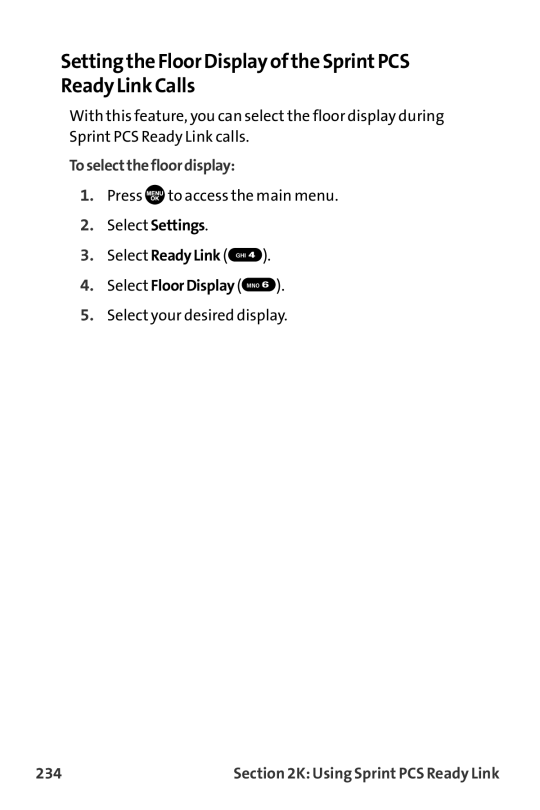 Sprint Nextel MM-7500 manual Setting the Floor Display of the SprintPCS Ready Link Calls, Toselectthefloordisplay, 234 