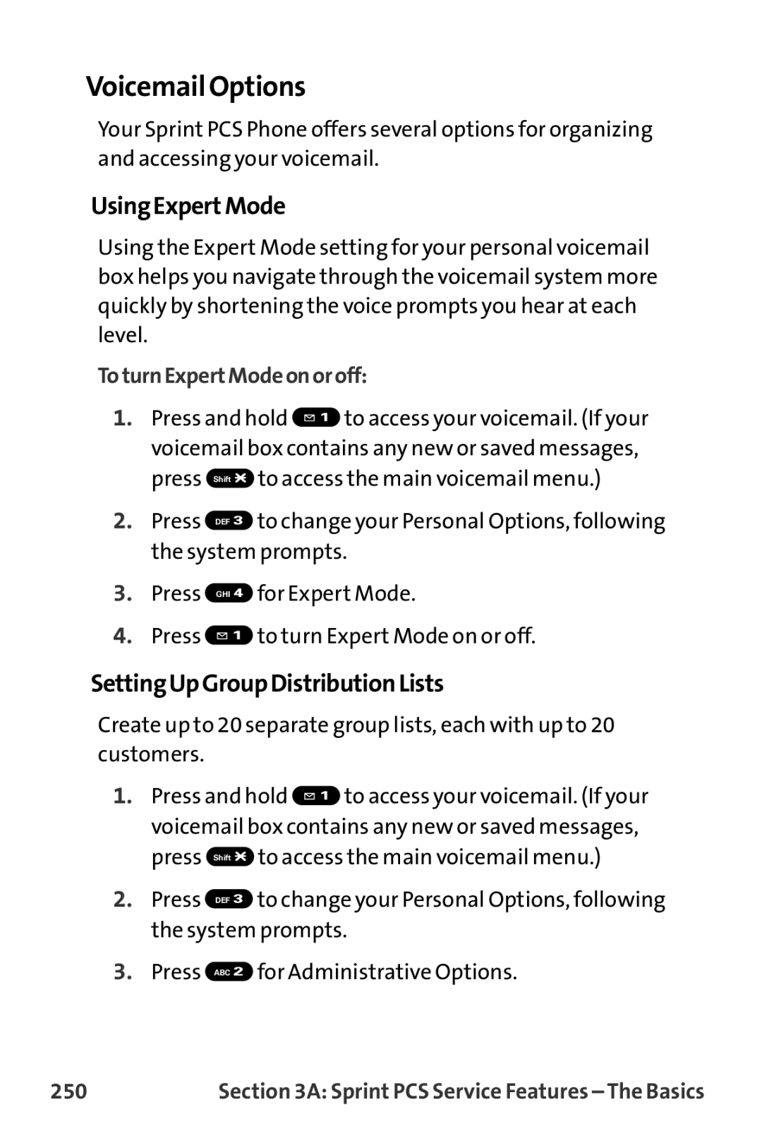 Sprint Nextel MM-7500 Voicemail Options, UsingExpertMode, SettingUpGroupDistributionLists, ToturnExpertModeonoroff, 250 