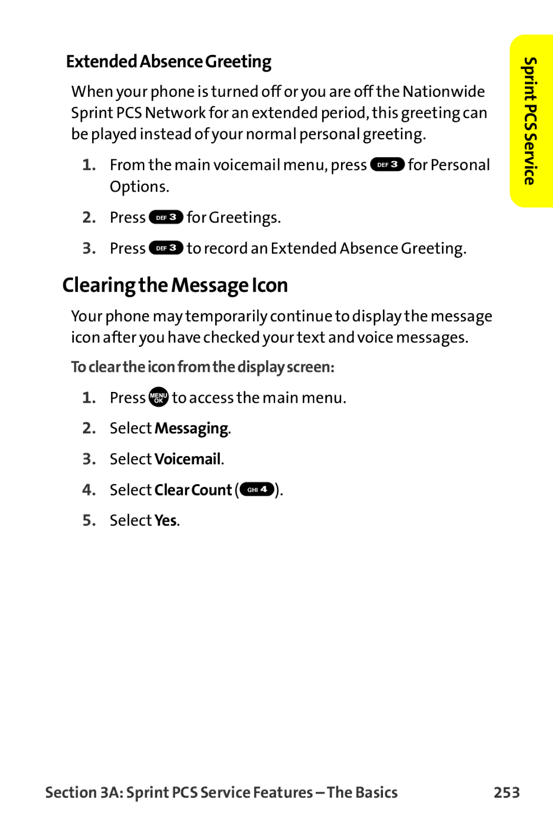 Sprint Nextel MM-7500 manual Clearing the Message Icon, ExtendedAbsenceGreeting, Tocleartheiconfromthedisplayscreen, 253 