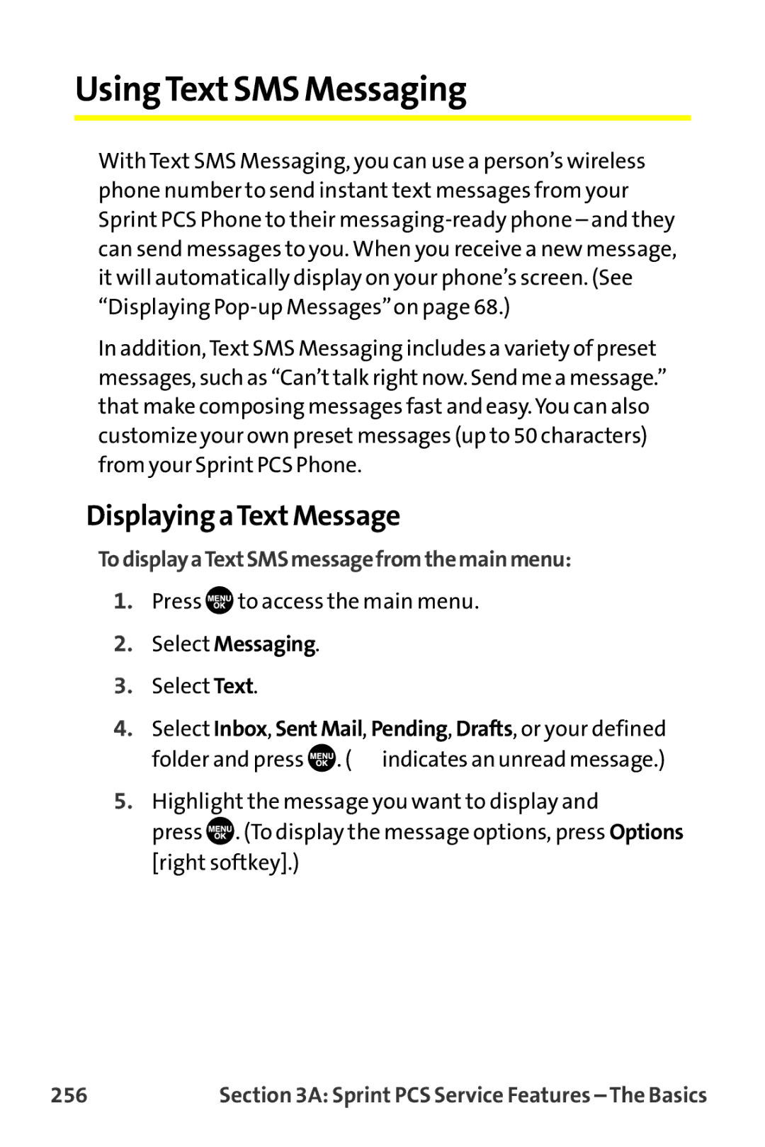 Sprint Nextel MM-7500 manual Using TextSMS Messaging, Displaying aTextMessage, TodisplayaTextSMSmessagefromthemainmenu, 256 
