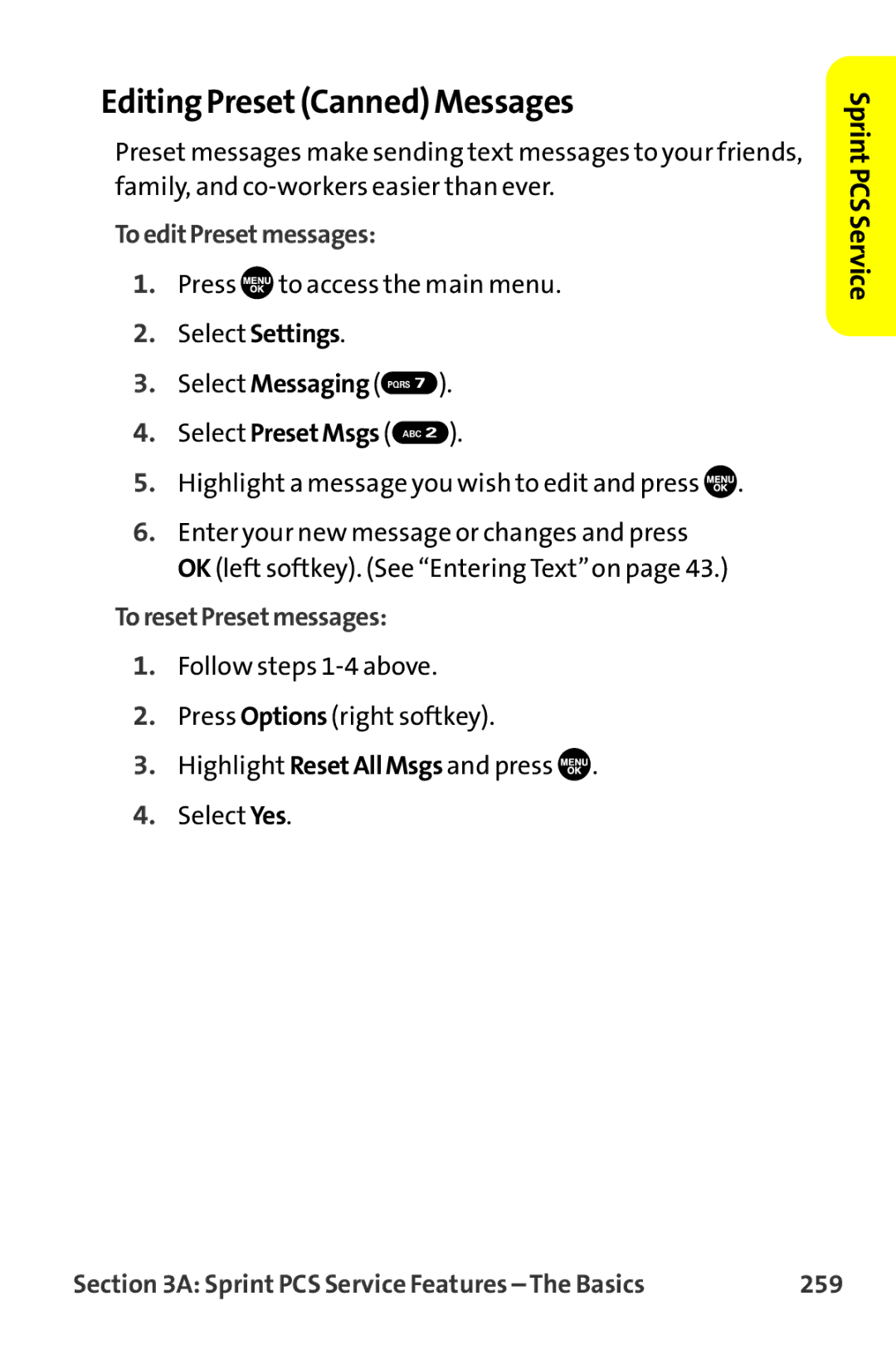 Sprint Nextel MM-7500 manual Editing PresetCanned Messages, ToeditPresetmessages, ToresetPresetmessages, 259 