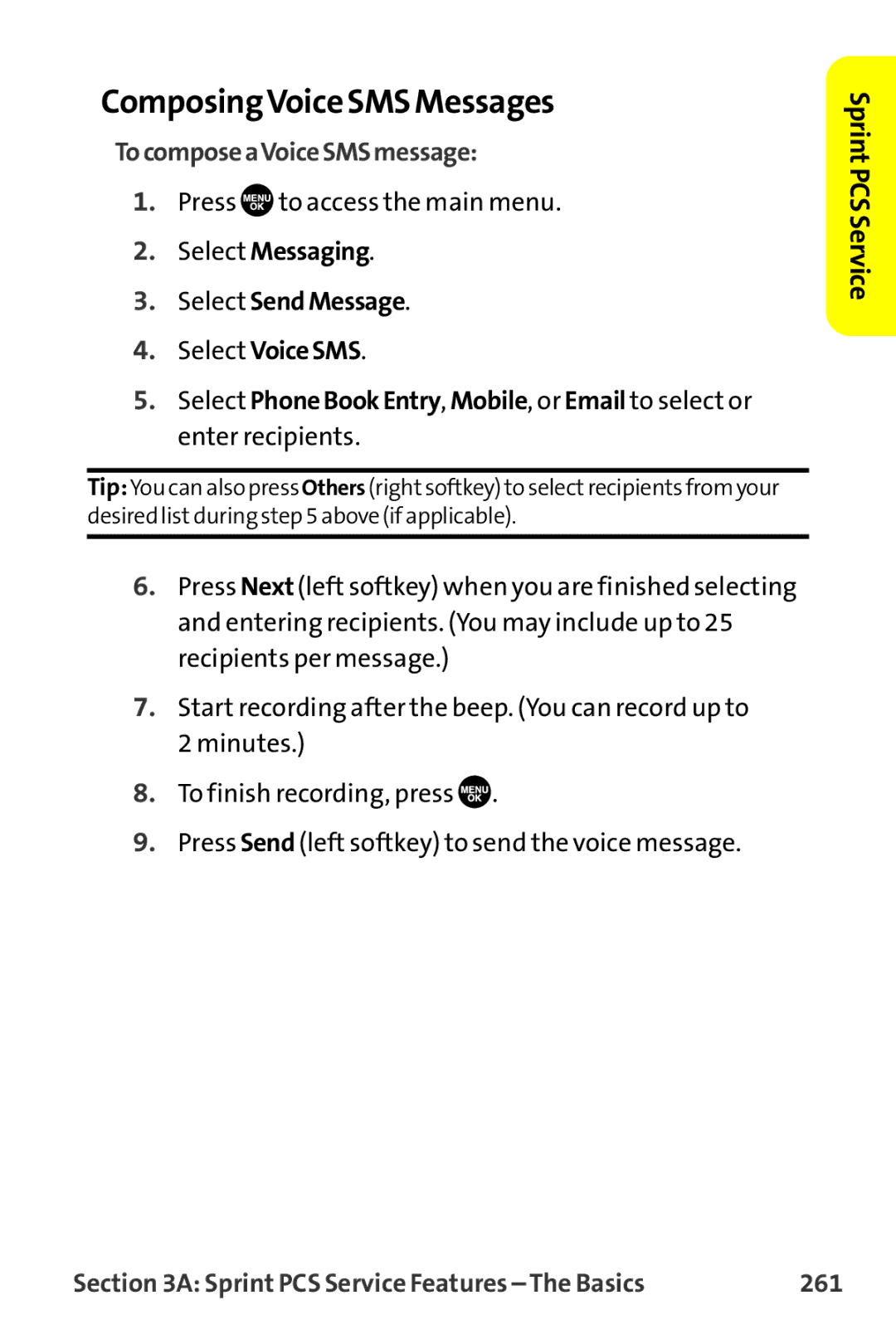 Sprint Nextel MM-7500 manual ComposingVoice SMS Messages, TocomposeaVoiceSMSmessage, 261 