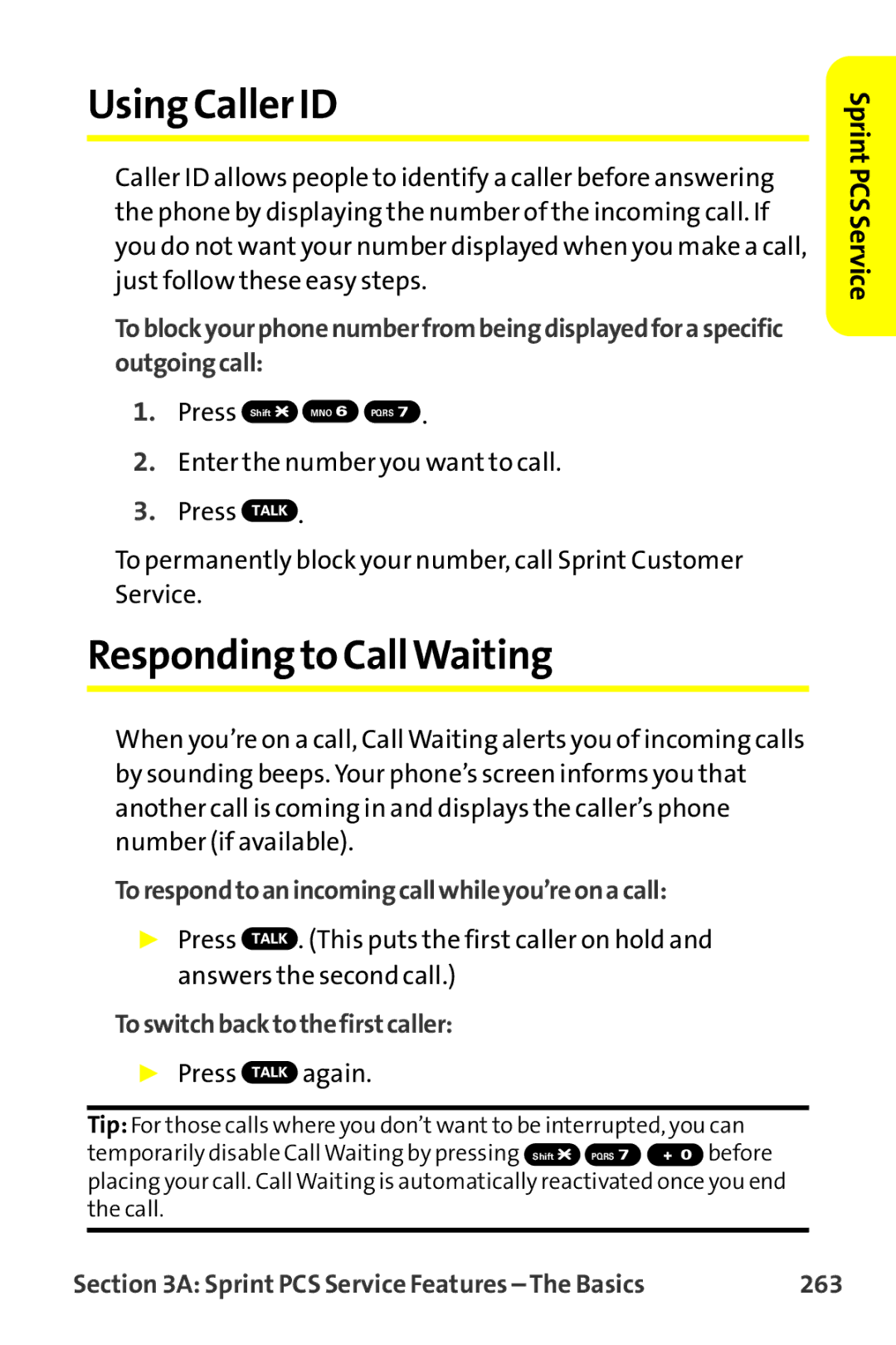 Sprint Nextel MM-7500 manual Using Caller ID, Responding to CallWaiting, Torespondtoanincomingcallwhileyou’reonacall, 263 