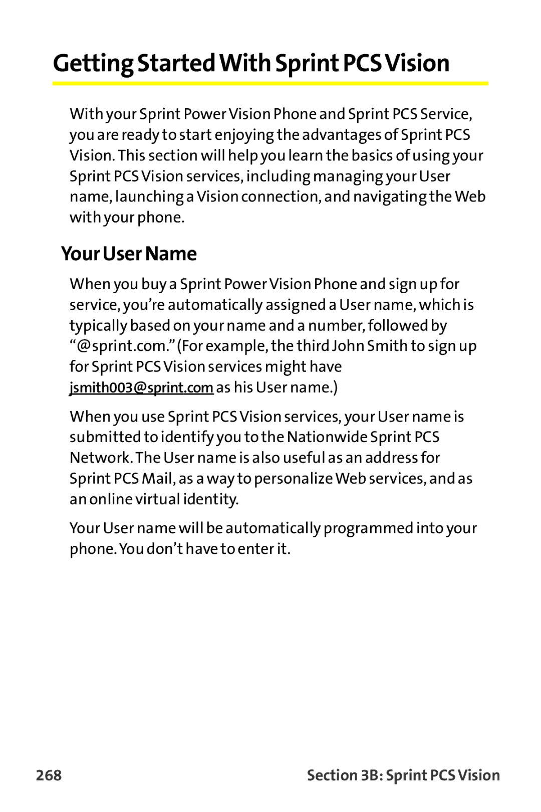 Sprint Nextel MM-7500 manual Getting StartedWith SprintPCSVision, Your User Name, 268 