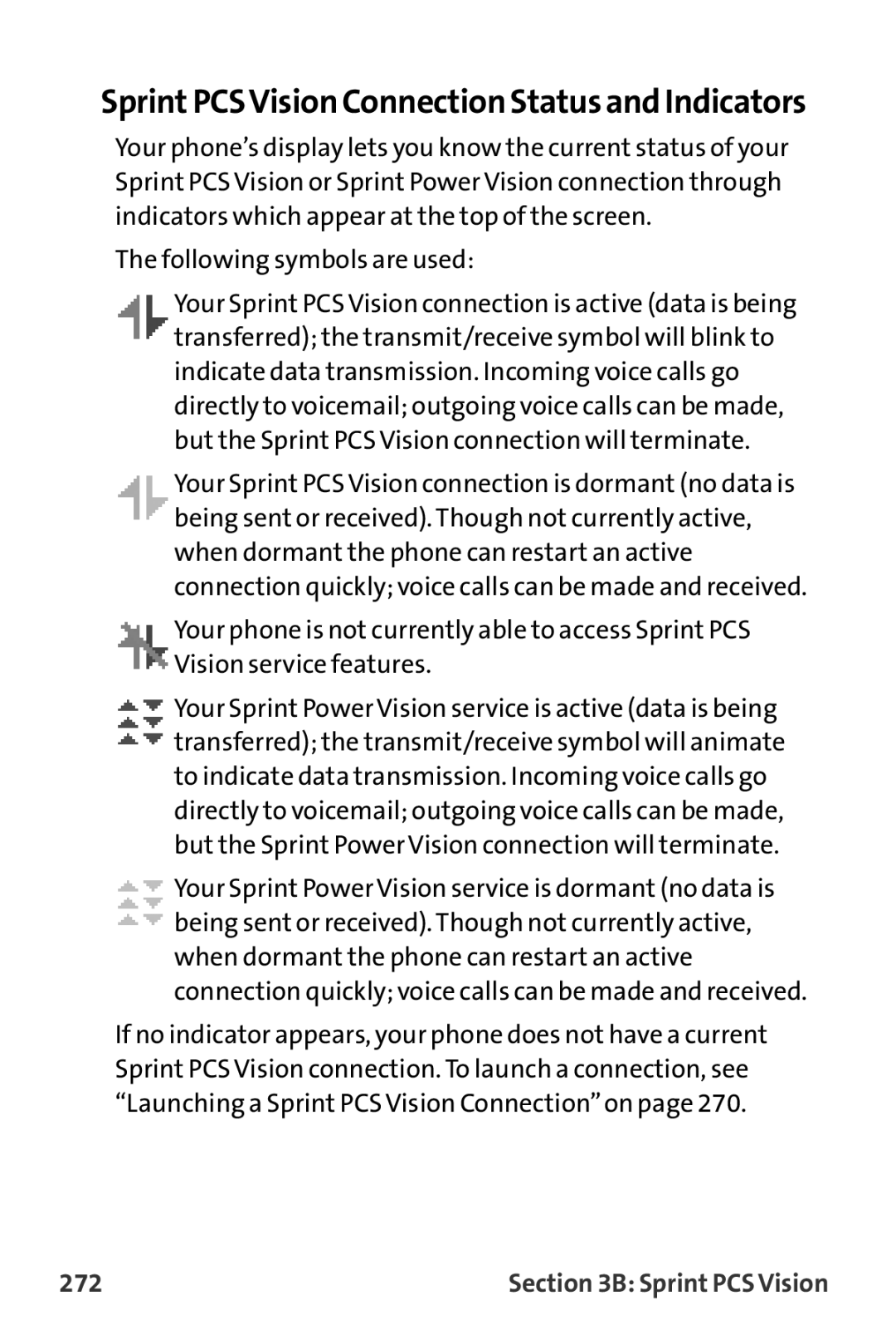 Sprint Nextel MM-7500 manual SprintPCSVision Connection Status and Indicators, 272 