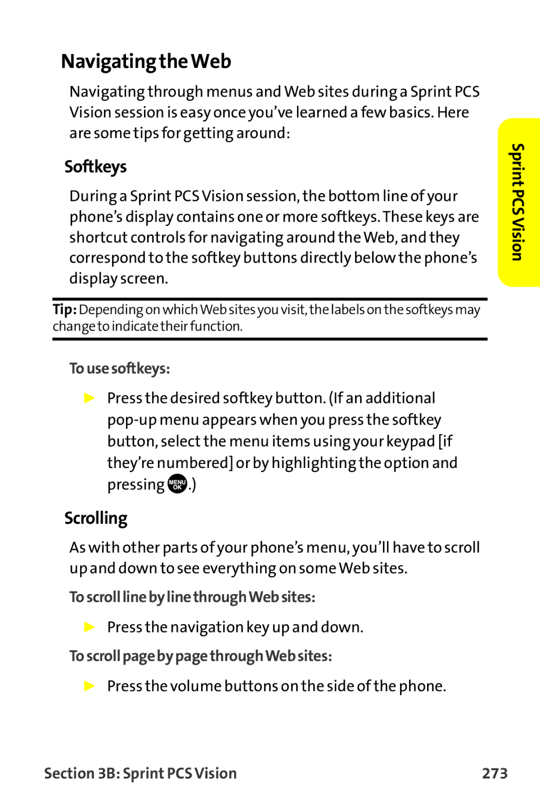 Sprint Nextel MM-7500 manual Navigating theWeb, Softkeys, Scrolling 